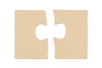 Separated jigsaw puzzle pieces with connection shape, finding solution, and missing puzzle element on transparent backdrop