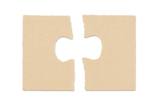 Separated jigsaw puzzle pieces with connection shape, finding solution, and missing puzzle element on transparent backdrop