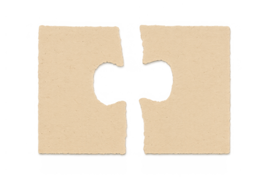 Separated jigsaw puzzle pieces with connection shape, finding solution, and missing puzzle element on transparent backdrop