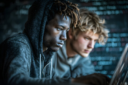 Multiethnic boys sitting side by side using laptops in classroom, focusing on typing and coding, with chalkboard and programming code visible in background, representing technology education