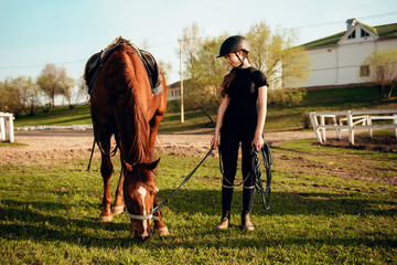 Young girl in equestrian gear enjoys a serene moment grazing a beautiful black horse in a green field, demonstrating the joy and connection between horse and rider.