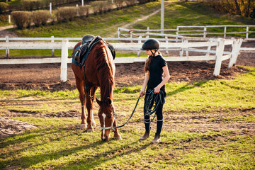 Young girl in a riding costume enjoys a serene moment as she grazes a beautiful black horse on a green field in the rays of the setting sun