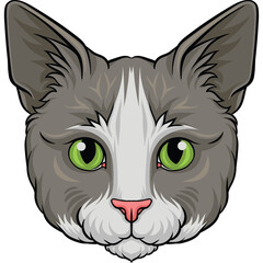 Detailed Pixel Art Portrait of a Gray and White Cat Head with Bright Green Eyes and Pink Nose against a Transparent Background