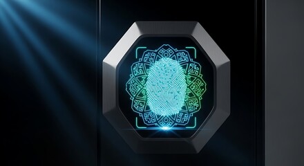 Futuristic biometric fingerprint scanner with glowing blue and green light