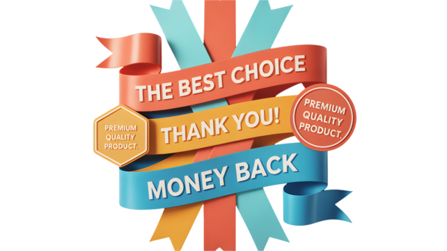 Celebrate your customers with 'The Best Choice' and 'Money Back' guarantees, showing appreciation with 'Thank You!' for premium quality products. - Powered by Adobe