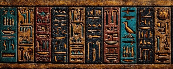 Ancient Egyptian hieroglyphs carved into stone, featuring various symbols and colors, showcasing the rich history and culture of Egypt.