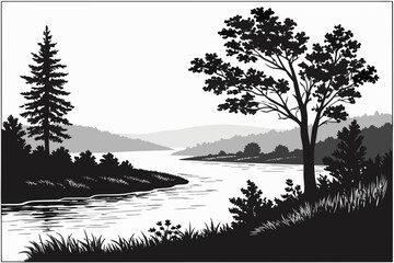 set of River and Lake Silhouette Vector Set Isolated on White Background