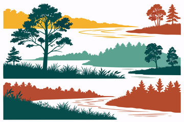 set of River and Lake Silhouette Vector Set Isolated on White Background