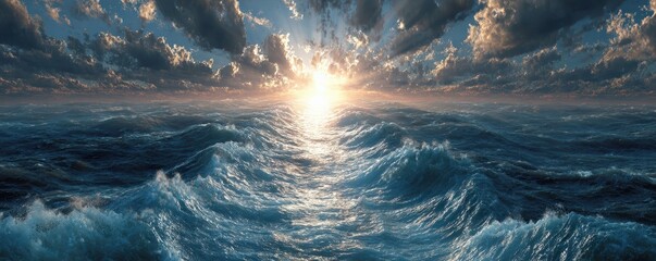 A stunning view of the ocean at sunrise, with vibrant colors illuminating the waves and dramatic clouds enhancing the serene ambiance.