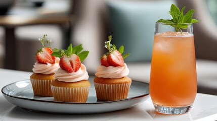 Strawberry Cupcakes with Mint Drink Decoration