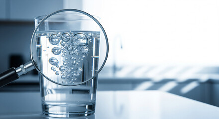 Magnifying Glass Revealing Bubbles in Clear Water Glass