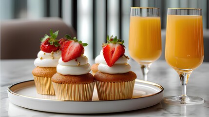Golden Cupcakes with Strawberry and Juice Glasses 