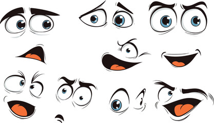 Obraz premium A set of cartoon vector face illustration icons showing funny eye expressions and eyebrow design