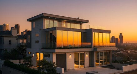Obraz premium Modern Luxury House with Large Glass Balcony and Panoramic City View at Sunset, Featuring Elegant Architecture and Warm Interior Lighting