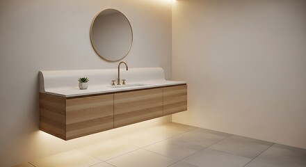 Serene Floating Wood Vanity with Round Mirror and Warm, Soft Indirect Lighting.