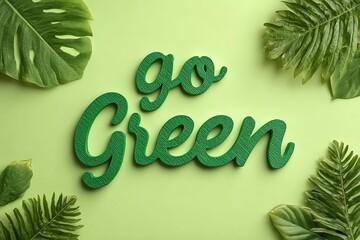 Green textured lettering spelling "Go Green" surrounded by tropical leaves on a vibrant green background, promoting environmental awareness and sustainability in design
