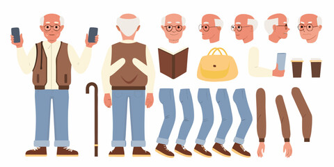 Character creation kit for a senior man with mobile phone and accessories