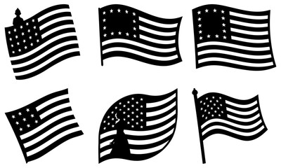 Dynamic collection of vintage American flags waving proudly, symbolizing patriotism, history, and national pride in a bold, graphic style.