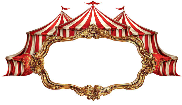 Ornate golden frame incorporating red and white striped circus tents, empty center