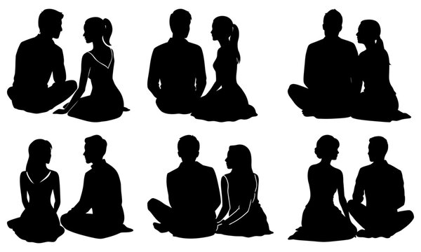Romantic couples in silhouette sharing intimate moments, perfect for representing connection, love, and relationships in diverse settings.