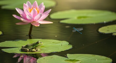 A serene view of a pink water lily, frog, and dragonfly on a pond.