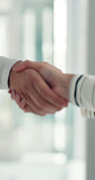 Office, vacancy and handshake with HR, meeting and onboarding process with employee and achievement. Interview, success and shaking hands with candidate, people and job opportunity or recruitment