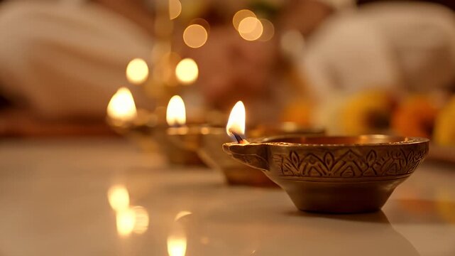 Row of Ornate Brass Oil Lamps Lit with Warm Flickering Flames on a Reflective Surface with Softly Blurred Background of Incense and Flowers in a Temple or Prayer Room