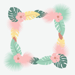 Pastel tropical leaves and flowers frame with empty space, decorative border for summer designs.