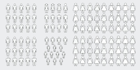 Collection of hand drawn male and female stick figure icons representing population demographics and diversity
