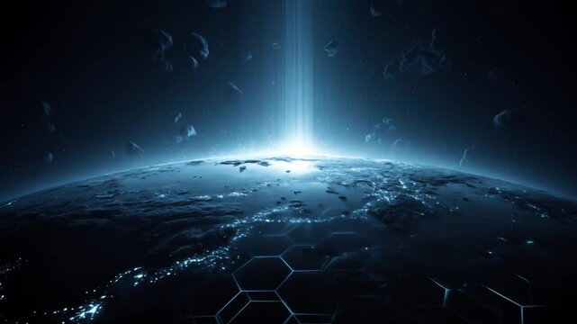 Abstract cgi animation depicting earth and energy beam with modern technology theme