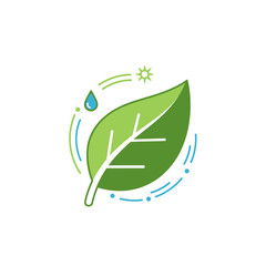 A vibrant green leaf is depicted with a water droplet and a sun, symbolizing nature and growth.