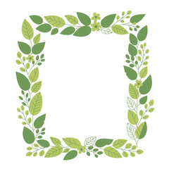 A decorative square frame made of various green leaves, small flowers, and branches on a white background.