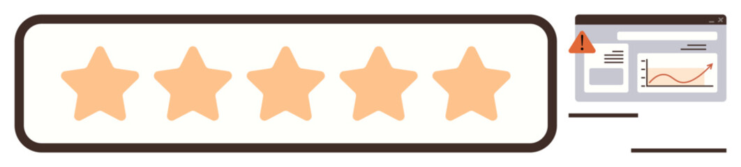 Five orange stars for rating, computer screen showing a performance chart with an alert icon. Ideal for feedback, reviews, quality, evaluation, performance monitoring, customer satisfaction, simple