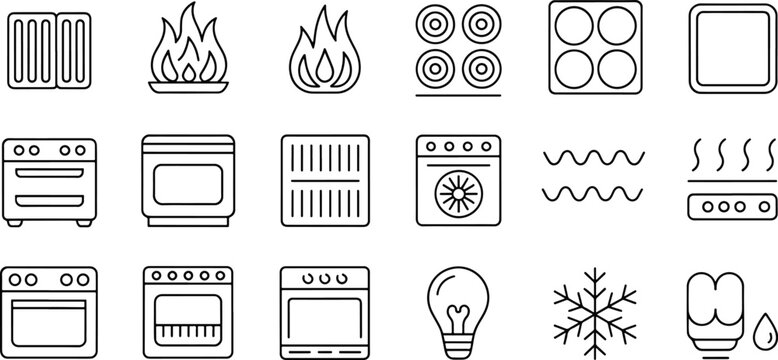 Black and white line art kitchen appliance icons for cooking heating cooling and lighting