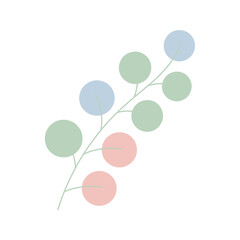 A minimalist illustration of a plant branch with pastel-colored circular leaves on a white background.
