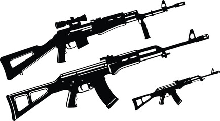 Powerful gun collection in bold silhouette style showcasing weapons for tactical design, military promotion, and strong defense concepts