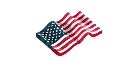 Isometric, waving flag with red and white stripes and a blue field of stars, centered on black