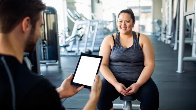 Personal fitness trainer and overweight client discussing training program with digital tablet in modern gym. Exercise planning, weight loss support, workout coaching and healthy lifestyle motivation.