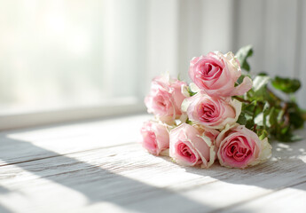 A bouquet of delicate pink roses on a light gray background