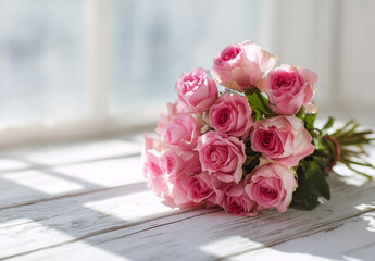 A bouquet of delicate pink roses on a light gray background