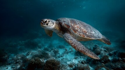 Obraz premium A green sea turtle glides gracefully underwater over a sunlit coral reef