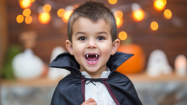 vampire child in halloween costume smiling cute boy portrait with fangs joyful halloween photography concept