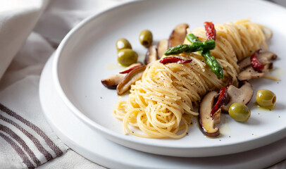 Oil pasta with mushrooms on a plate
