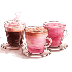 Three watercolor style cups of coffee with different colored drinks transparent background, png