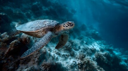 Obraz premium A sea turtle glides through clear blue ocean water above a colorful coral reef ecosystem