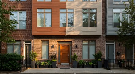 Naklejka premium Contemporary Urban Facade: Minimal Brick and Wood Entrance with Potted Plants.