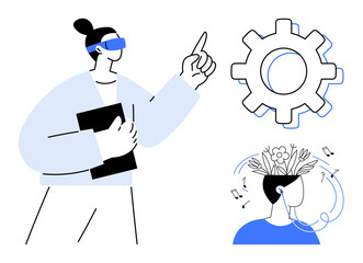 Female using VR glasses holding a book, pointing towards a gear. Below, a head grows flowers with wires and ideas sprouting. Ideal for technology, creativity, innovation, futures, education