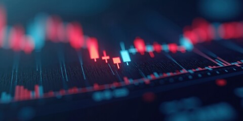 Dynamic stock market chart with red and blue candlesticks showing volatile trading activity