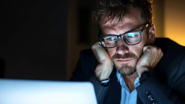 A man in a suit is staring at a computer screen with a frown on his face. He is frustrated or overwhelmed by the task at hand