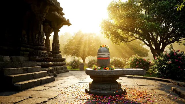 Stone Shiva Lingam Decorated With Flowers Outside Ancient Temple With Sun Rays Shining Through Trees At Sunrise Peaceful Spiritual Scene